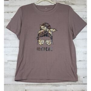 "Mom Life" Graphic Tee Women Medium Messy Bun Leopard Detail Short Sleeve Brown